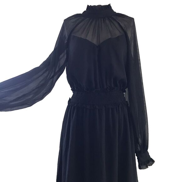 By The River Black Chiffon Long Sleeve Ruffle Neck Sheer Boho Midi Dress - M - Picture 3 of 8